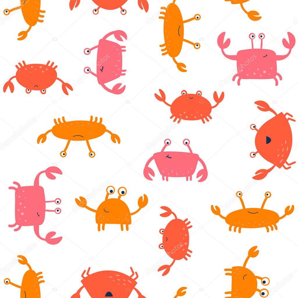 Vector seamless pattern with crabs. Hand-drawn doodle. Isolated on a white background. Design for children.