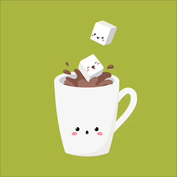 Cup Tea Coffee Cappuccino Latte Sugar Cube Falls Splash Cute — Διανυσματικό Αρχείο