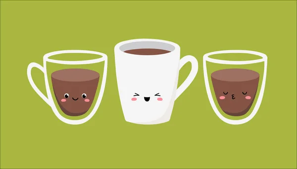 Ensemble Trois Tasses Verres Avec Des Boissons Chaudes Thé Café — Image vectorielle