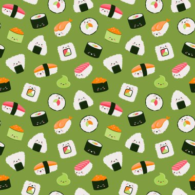 Ekmek ve suşili kusursuz bir şablon. Kumaş, kağıt, duvar kağıdı için şirin tasarım.