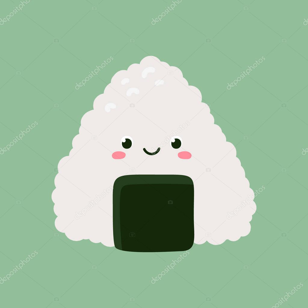Sushi roll onigiri with nori, side view. Cute character design. Vector cartoon illustration on a green background.