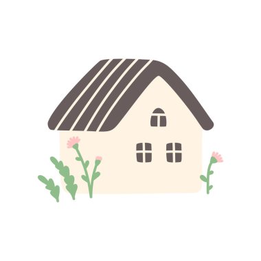 Çiçekleri, yaprakları ve dalları olan rahat bir ev. Beyaz arkaplanda izole edilmiş vektör baskısı illüstrasyonu.