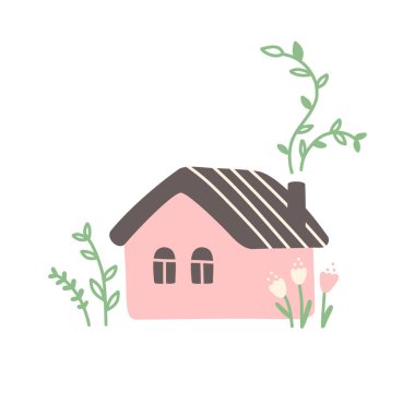 Çiçekleri, yaprakları ve dalları olan rahat bir ev. Beyaz arkaplanda izole edilmiş vektör baskısı illüstrasyonu.