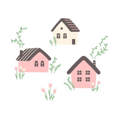 Çiçekli, yapraklı ve dallı evler. Beyaz arkaplanda izole edilmiş vektör baskısı illüstrasyonu.