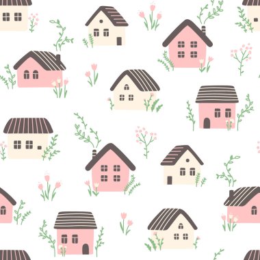 Beyaz arka planda konforlu evler, çiçekler, yapraklar ve dallar olan vektörsüz desen