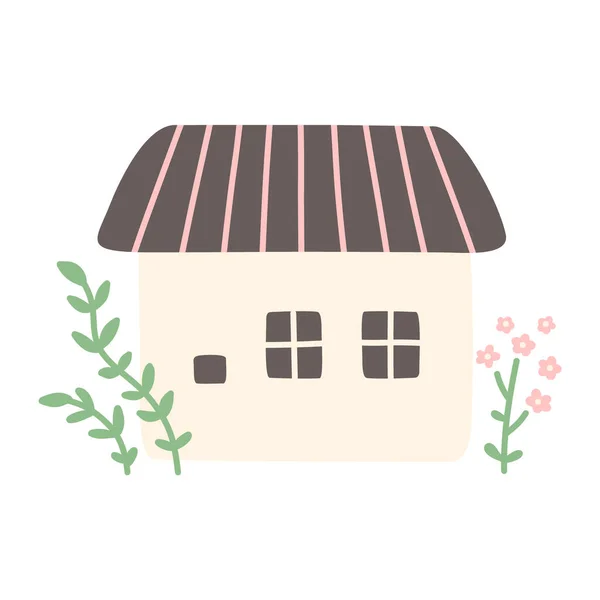 Acogedora Casa Con Flores Hojas Ramas Ilustración Impresión Vectorial Aislada — Vector de stock