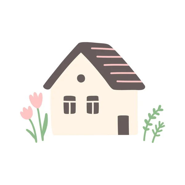 Maison Confortable Avec Des Fleurs Des Feuilles Des Branches Illustration — Image vectorielle