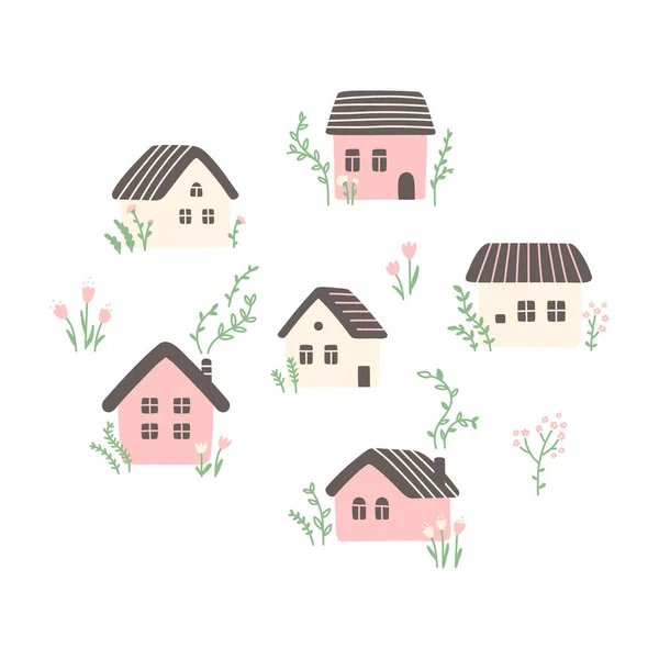 Maisons Confortables Avec Des Fleurs Des Feuilles Des Branches Illustration — Image vectorielle