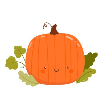 Yapraklı sonbahar balkabağı. Beyaz arkaplanda izole edilmiş sevimli mutlu karakterler.