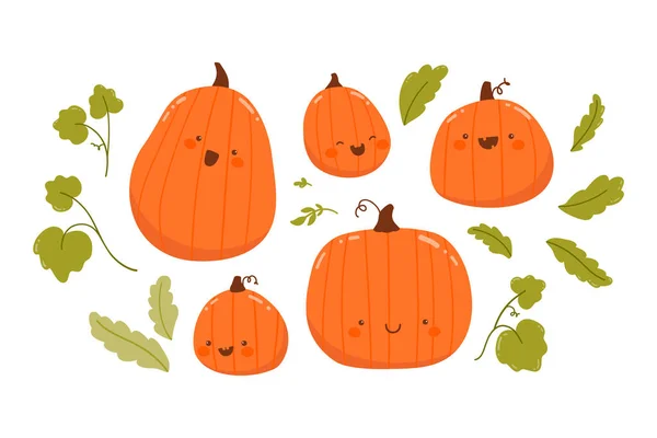 Vector Autumn Set Pumpkins Leaves Cute Happy Characters Isolated White — Stock Vector