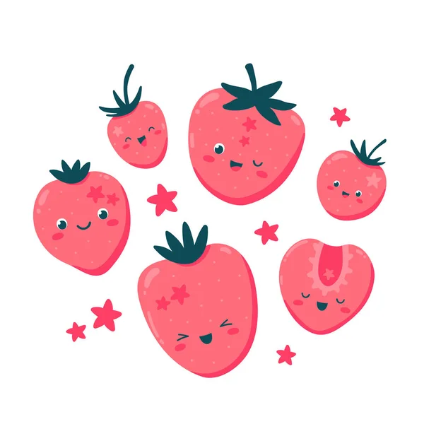 Kawaii çileği seti. Beyaz arkaplanda izole edilmiş sevimli mutlu karakterler.