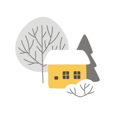 Sarı evi ve ormandaki ağaçları taşıyacağız. Beyaz arka planda izole edilmiş kışlık konforlu kompozisyon