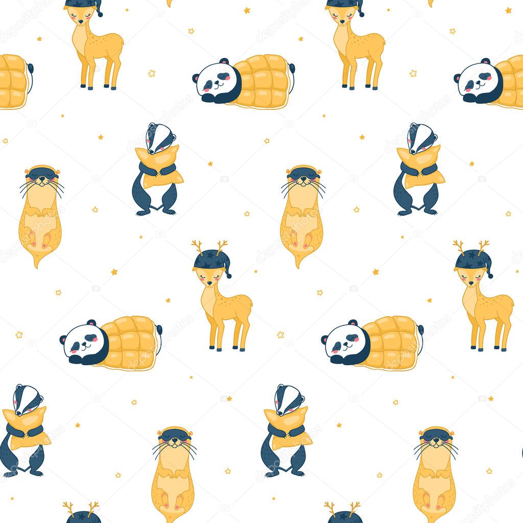 Vector seamless pattern, otter, badger, deer, panda. Children's design for nursery, poster, fabric, textile, print, wallpaper.