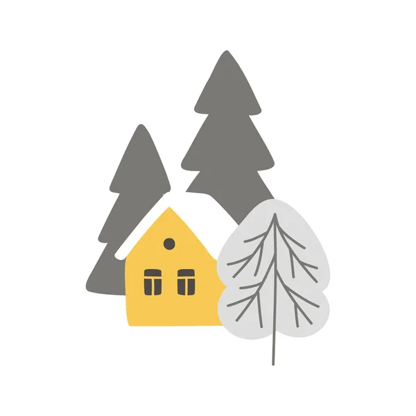 Maison Vectorielle Jaune Arbres Dans Forêt Composition Confortable Hiver Isolé — Image vectorielle