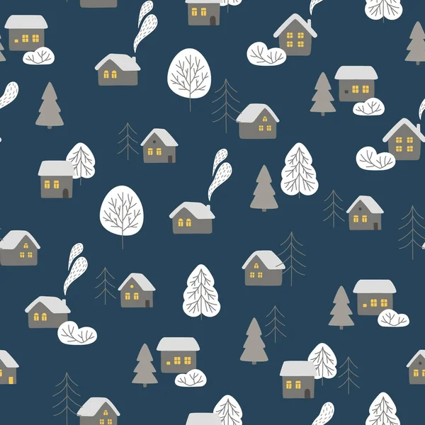 Winter Vector Seamless Pattern Houses Trees Forest Background Design Textile — Stock Vector