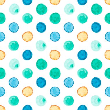 Mavi, yeşil ve sarı suluboya daireler ile Seamless Modeli.
