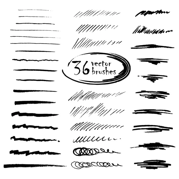36 vektor konst borstar. Hand dras bläck penslar med ojämna kanter, för design — Stock vektor