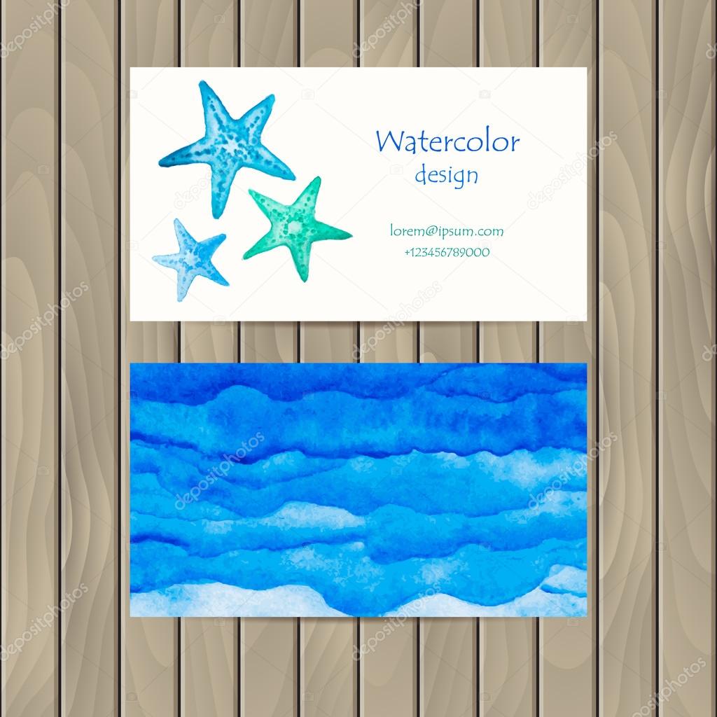 Vector business card with a watercolor starfish for design