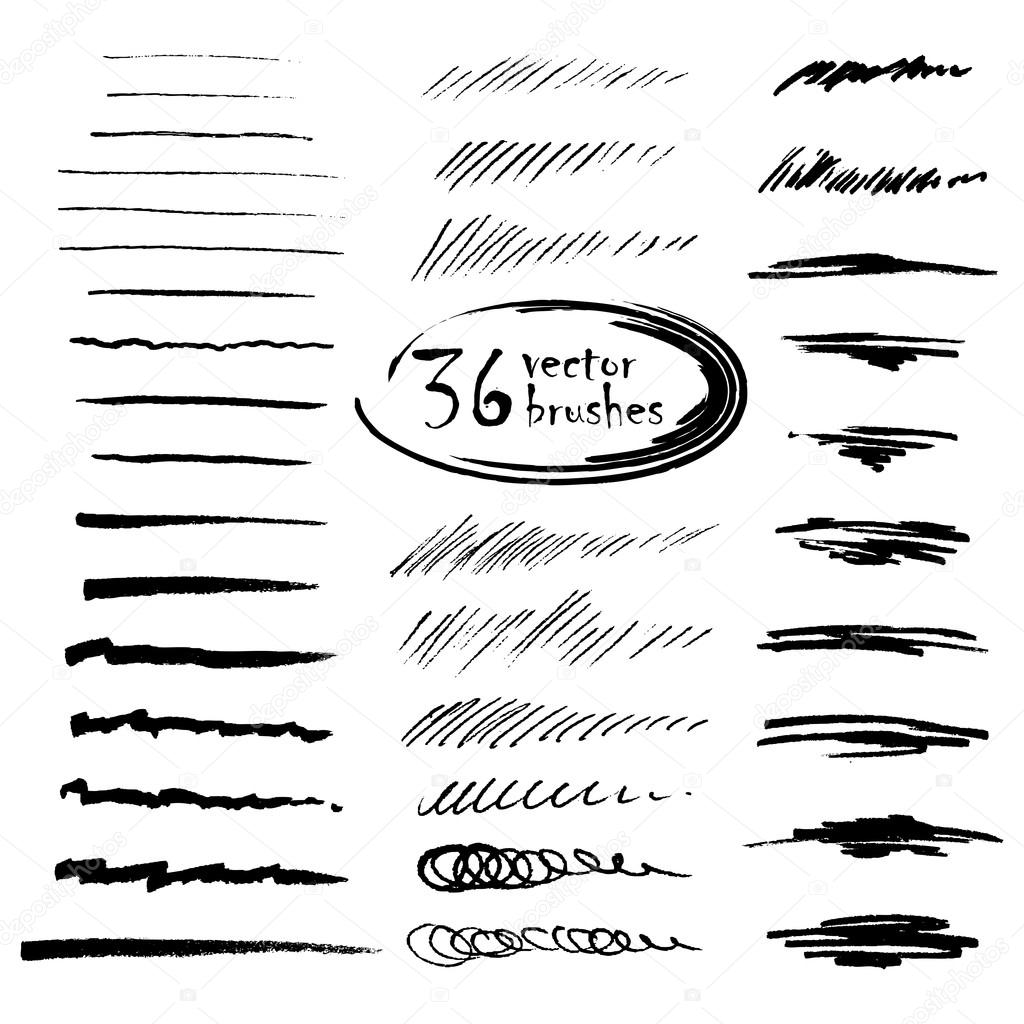 36 vector art brushes. Hand drawn ink brushes with rough edges, for design