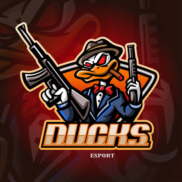 Pato Máfia Mascote Esport Logotipo Design —  Vetores de Stock