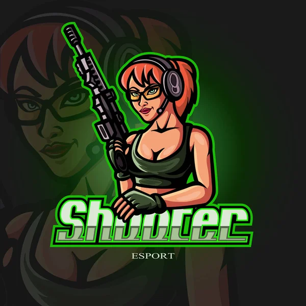 Shooter Mulher Mascote Esport Logotipo Design —  Vetores de Stock