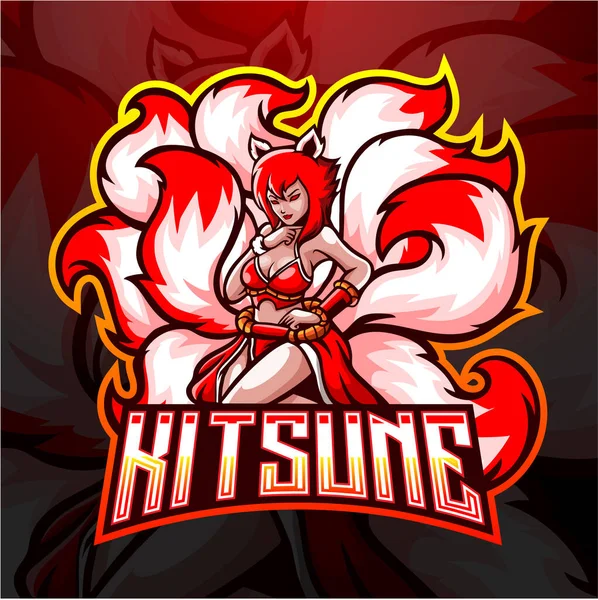 Kitsune Femelle Neuf Queues Esport Logo Design — Image vectorielle