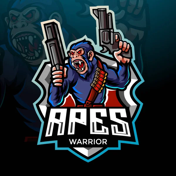 Ape Warrior Esport Logo Mascot Design — Archivo Imágenes Vectoriales