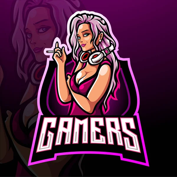 Gamer Menina Esport Logotipo Mascote Design — Vetor de Stock