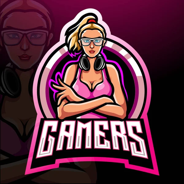 Gamer Menina Esport Logotipo Mascote Design — Vetor de Stock