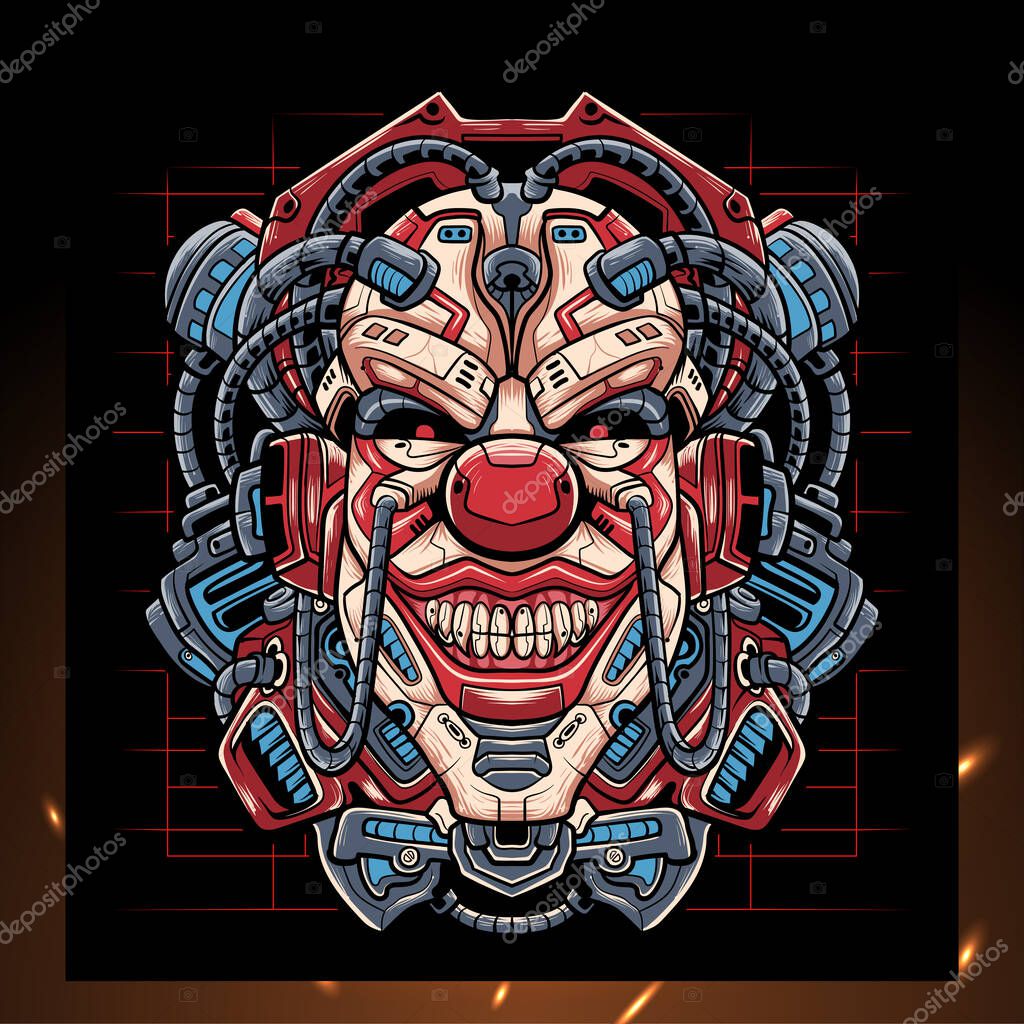 Clown head mecha robot mascot. esport logo design
