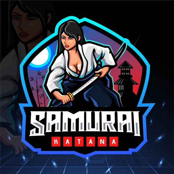 Samurai Meninas Mascote Design Logotipo Esport —  Vetores de Stock