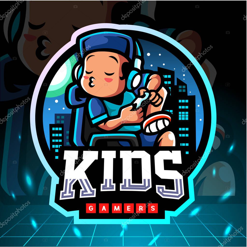 Little boy mascot playing games. esport logo design