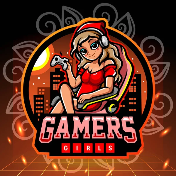 Gamers Mascote Menina Design Logotipo Esport — Vetor de Stock