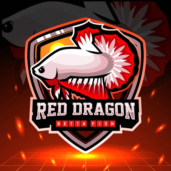 Drago Rosso Betta Mascotte Pesce Design Del Logo Esport — Vettoriale Stock