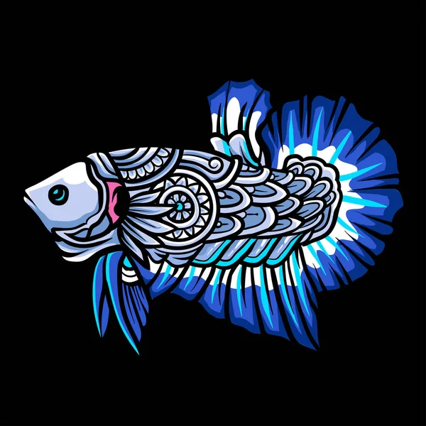 Zentangle Arts Blue Rim Betta Fish Mascot Esport Logo Design — Stock Vector