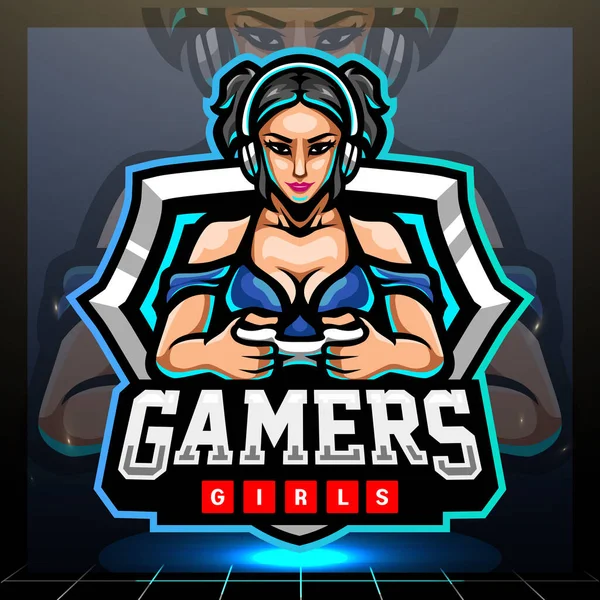 Gamer Meninas Mascote Design Logotipo Esport — Vetor de Stock