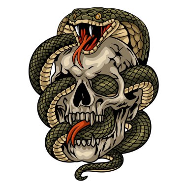 Kafatası maskotu, tişört için kızgın bir kobraya sarılmış.