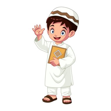 Küçük bir çocuğun Kuran 'ı tutarken elini salladığı sevimli bir karikatür.