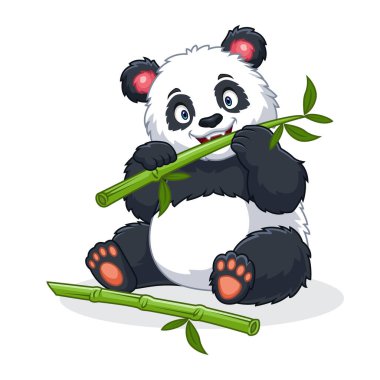 Tatlı panda çizgi filmi oturup bambu yiyor.