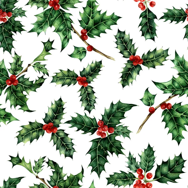 荷莉无缝图案 水彩画假日画绿叶和红色浆果 圣诞节和新年被白色的背景隔开了 手绘的 — 图库照片