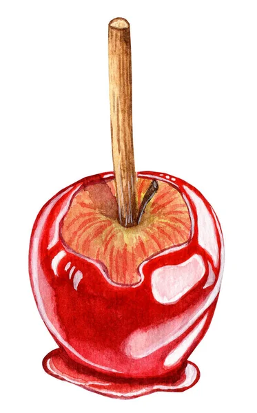 Яблоко Покрытое Карамелью Акварельная Иллюстрация Карамельного Яблока Палочке Праздничное Угощение — стоковое фото