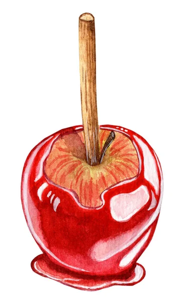 Elma karamel kaplı. Çubuktaki karamelli elmanın suluboya çizimi. Noel 'i, yeni yılı, Cadılar Bayramı' nı kutluyoruz. Beyaz arka planda izole edilmiş. Elle çizilmiş..