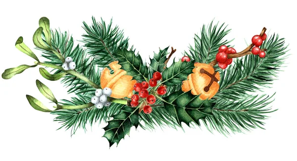 Noel, köknar dallı yeni yıl buketi, Noel çanları, Holly, Ilex, ökseotu. Çam dalları ve böğürtlenlerle süslü suluboya çizimi. Beyaz arka planda izole edilmiş. Elle çizilmiş..