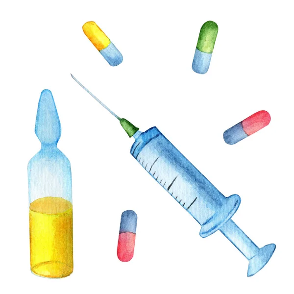 Plastová Injekční Stříkačka Jedno Použití Ampulka Žlutou Vakcínou Barevné Tablety — Stock fotografie