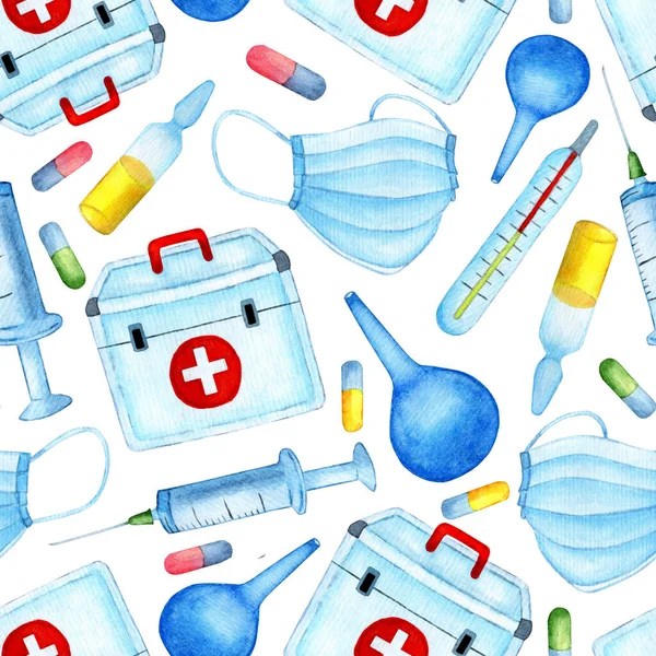 Seamless medical pattern. Health and Science. Watercolor illustration endlessly repeating. Mask, medical bag, enema, thermometer, syringe, vaccine ampoule and pills. Isolated on white background. Drawn by hand.