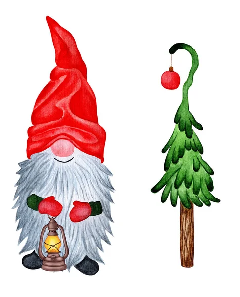 Cute Scandinavian Gnome Lantern His Hands Christmas Tree Red Ball — Stock Photo, Image