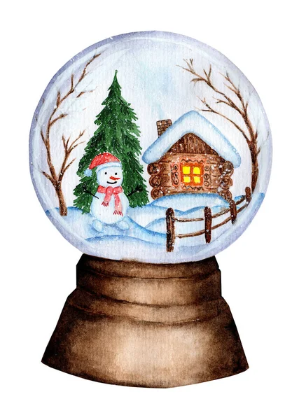 Christmas Winter Watercolor Snow Globe Hut Fence Snowman Spruce Trees — Stock Photo, Image
