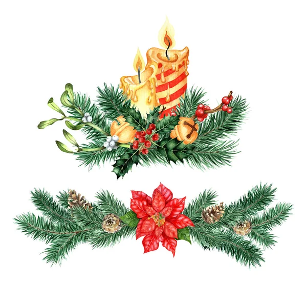 Akvarell Illusztrációja Dekoráció Karácsonyra Újévre Ünnepi Csokor Gyertyákkal Díszítéssel Poinsettiával — Stock Fotó
