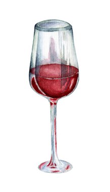 Bir kadeh kırmızı şarap. Alkollü içkinin suluboya çizimi. Kristal bir bardağın şenlikli resmi. Beyaz arka planda izole edilmiş. Elle çizilmiş..