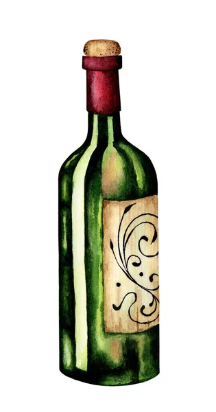 Şaraplı Bir Şişenin Suluboya Çizimi Alkolik Içecek Şişesi Kutlama Için — Stok fotoğraf